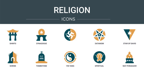 set of 10 outline web religion icons such as shinto, synagogue,  , satanism, star of david, shrine, tombstone vector icons for report, presentation, diagram, web design, mobile app