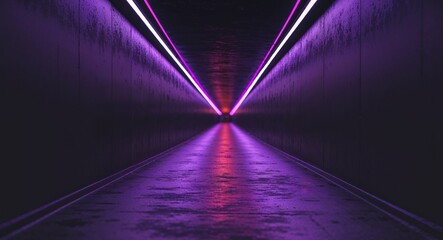 Neon Lights Illuminate Dark Hallway with Depth and Perspective