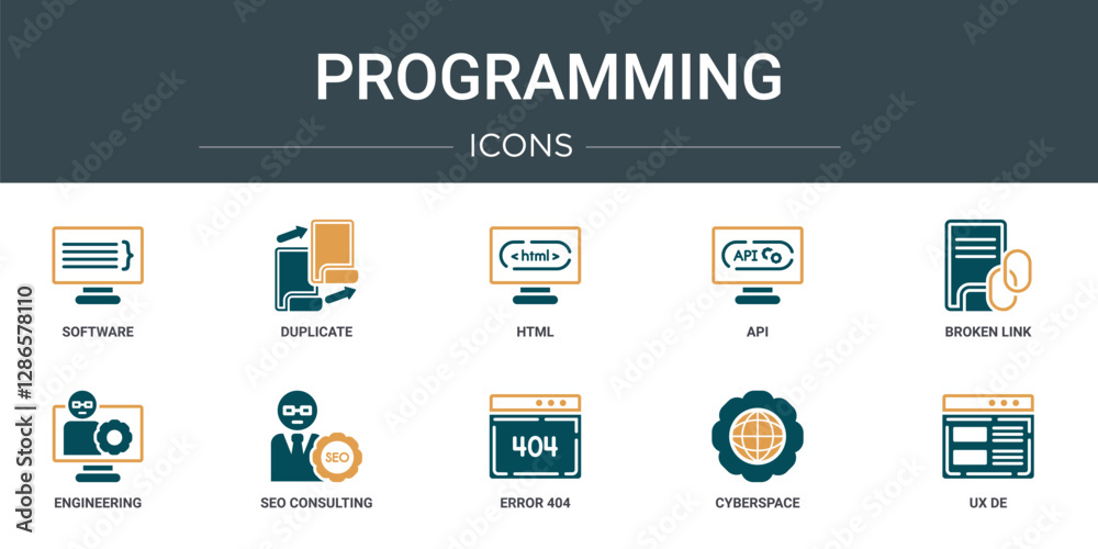 Poster set of 10 outline web programming icons such as software, duplicate, html, api, broken link, enginee