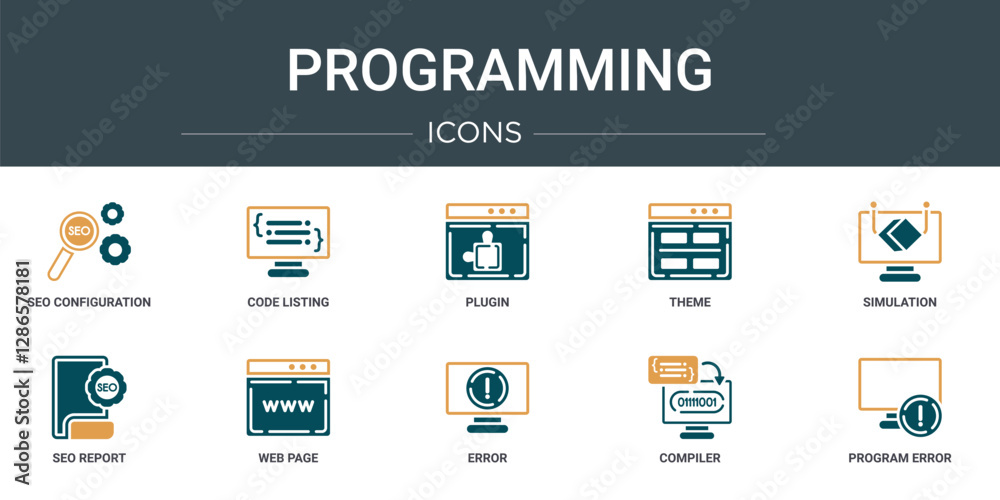 Poster set of 10 outline web programming icons such as seo configuration, code listing, plugin, theme, simu