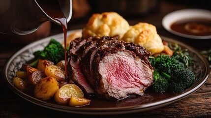 Classic British Roast Beef Dinner Featuring Sliced Beef, Roasted Potatoes, Broccoli, and Yorkshire Pudding with Gravy on a Wooden Table