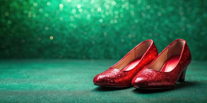 Glittering Ruby Slippers on Emerald Green Background, stylish shoes, shiny shoes,  stylish shoes
