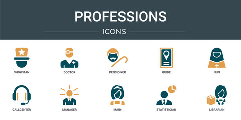 set of 10 outline web professions icons such as showman, doctor, pensioner, guide, nun, callcenter, manager vector icons for report, presentation, diagram, web design, mobile app