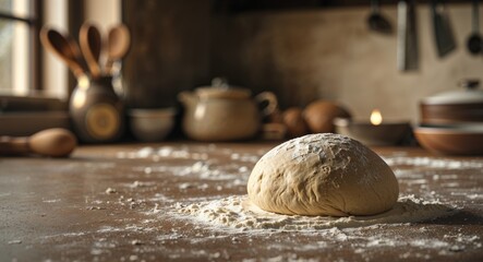 Obraz premium Dough ball resting on a floured surface ready for rolling in a cozy kitchen setting.