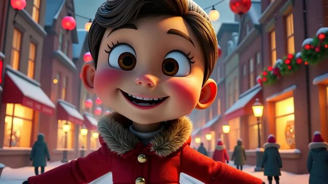  Cartoon character boy running with sparklers in winter in red fur coat and smiling. Holidays