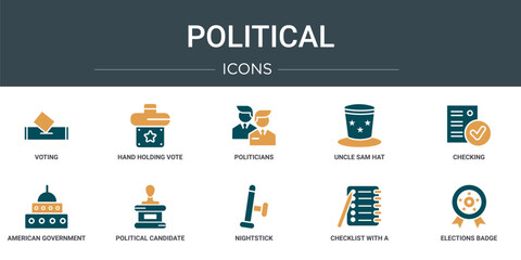 set of 10 outline web political icons such as voting, hand holding vote paper, politicians, uncle sam hat, checking, american government building, political candidate speech vector icons for report,