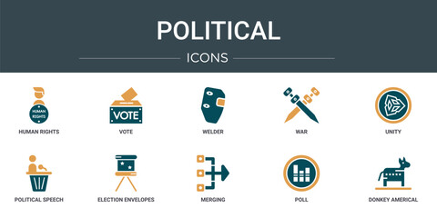 set of 10 outline web political icons such as human rights, vote, welder, war, unity, political speech, election envelopes and box vector icons for report, presentation, diagram, web design, mobile