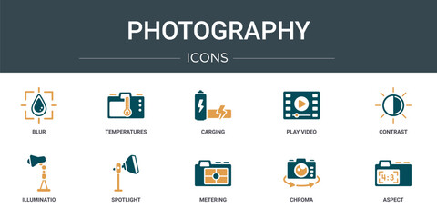set of 10 outline web photography icons such as blur, temperatures, carging, play video, contrast, illuminatio, spotlight vector icons for report, presentation, diagram, web design, mobile app
