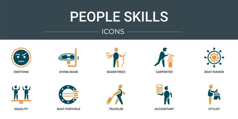set of 10 outline web people skills icons such as emotions, diving mask, seamstrees, carpenter, boat rudder, equality, boat porthole vector icons for report, presentation, diagram, web design,