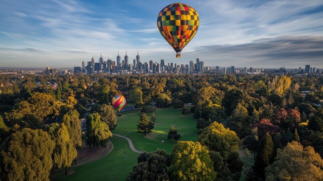 Colorful Hot Air Balloons Flying Over Melbourne Skyline Surrounded by Lush Green Parks