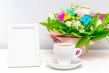 Colorful bouquet.Beautiful flowers.Spring floral romantic morning mockup.Flower shop,florist design,Womens,Valentines,Mother day,cup of coffee.