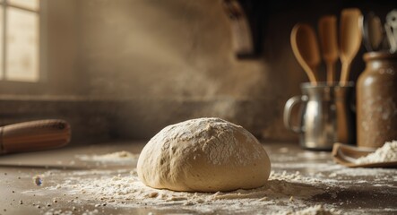 Obraz premium Dough ball resting on a floured surface ready for rolling in a cozy kitchen setting