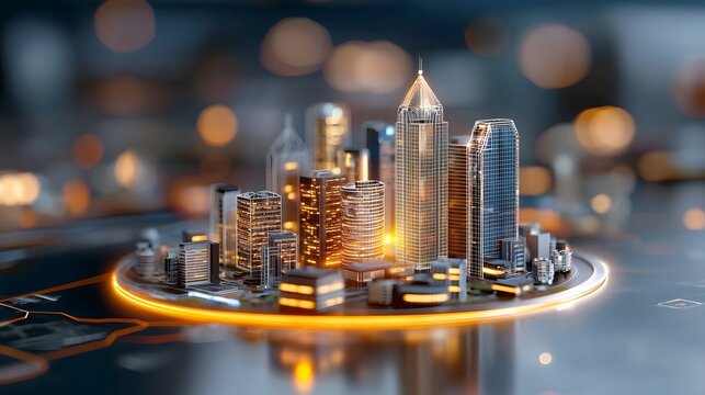 Futuristic digital blueprint showcasing a visionary AI powered smart city skyline with holographic architectural designs transparent wireframe structures and neon lit