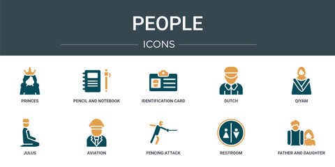 set of 10 outline web people icons such as princes, pencil and notebook, identification card with picture, dutch, qiyam, julus, aviation vector icons for report, presentation, diagram, web design,