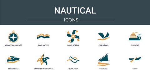 set of 10 outline web nautical icons such as azimuth compass, salt water, boat screw, capsizing, gunboat, speedboat, starfish with dots vector icons for report, presentation, diagram, web design,