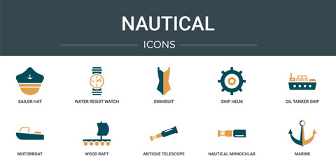 set of 10 outline web nautical icons such as sailor hat, water resist watch, swimsuit, ship helm, oil tanker ship, motorboat, wood raft vector icons for report, presentation, diagram, web design,