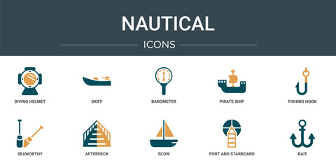 set of 10 outline web nautical icons such as diving helmet, skiff, barometer, pirate ship, fishing hook, seaworthy, afterdeck vector icons for report, presentation, diagram, web design, mobile app