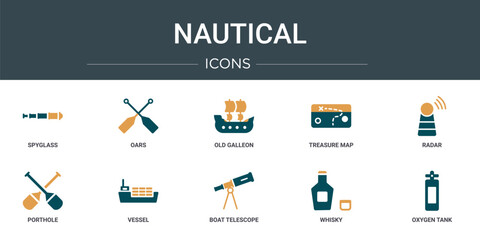 set of 10 outline web nautical icons such as spyglass, oars, old galleon, treasure map, radar, porthole, vessel vector icons for report, presentation, diagram, web design, mobile app