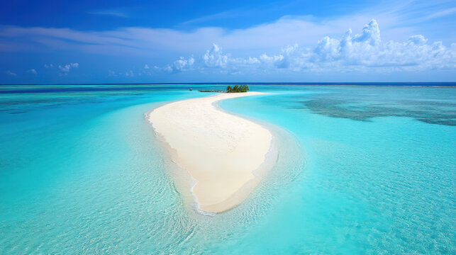 serene tropical beach scene with sandbar stretching into turquoise waters under clear blue sky. tranquil setting is perfect for relaxation and enjoying nature beauty
