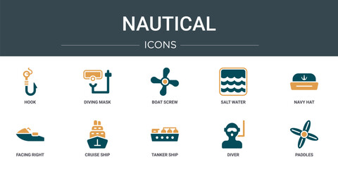 set of 10 outline web nautical icons such as hook, diving mask, boat screw, salt water, navy hat, facing right, cruise ship vector icons for report, presentation, diagram, web design, mobile app