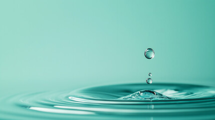 A close-up of a water droplet falling into a body of water, creating ripples and a splash. The background is a gradient of light green, emphasizing the clarity and motion of the droplet.