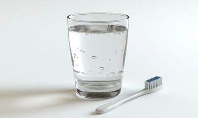 Glass of water with toothbrush on white background for health and hygiene