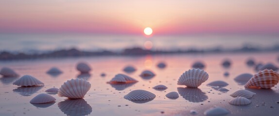 Beautiful sunset over calm water with seashells on the shore during twilight hours.