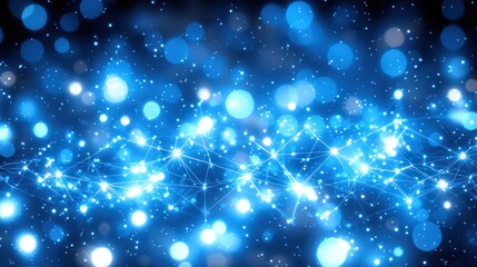 Obraz premium The image depicts a futuristic digital network with connecting lines, dots, and bokeh in a blue color palette.