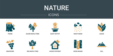 set of 10 outline web nature icons such as trunk, silver maple tree, daisy on pot, night snow, agave, grapevine, red maple tree vector icons for report, presentation, diagram, web design, mobile app © Digital Bazaar