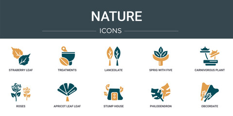 set of 10 outline web nature icons such as straberry leaf, treatments, lanceolate, sprig with five leaves, carnivorous plant, roses, apricot leaf leaf vector icons for report, presentation, diagram, © Digital Bazaar