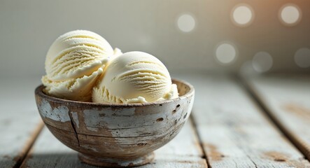 Creamy vanilla ice cream scoops in a rustic wooden bowl on a neutral colored surface background.