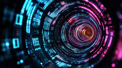 Obraz premium Wireless, Vibrant digital tunnel with glowing blue and pink lights creating a futuristic atmosphere.