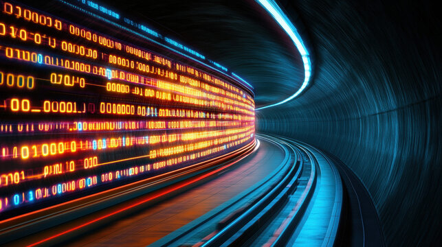 Wireless, Abstract tunnel with flowing digital data represented by colorful binary code lights.