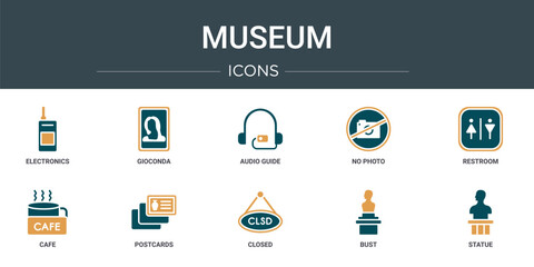 set of 10 outline web museum icons such as electronics, gioconda, audio guide, no photo, restroom, cafe, postcards vector icons for report, presentation, diagram, web design, mobile app