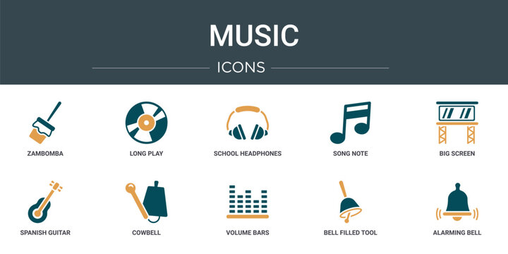 set of 10 outline web music icons such as zambomba, long play, school headphones, song note, big screen, spanish guitar, cowbell vector icons for report, presentation, diagram, web design, mobile