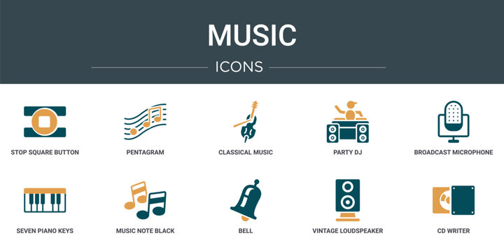 set of 10 outline web music icons such as stop square button, pentagram, classical music, party dj, broadcast microphone, seven piano keys, music note black vector icons for report, presentation,