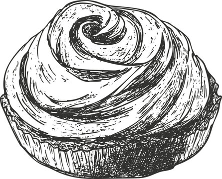 Hand-drawn cupcake illustration with swirled frosting in monochrome style.
