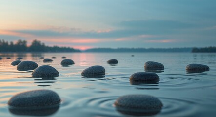 Stones in Lake at Sunrise Peaceful Landscape Relaxation Reflection.
