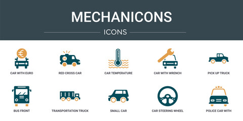 set of 10 outline web mechanicons icons such as car with euro, red cross car, car temperature, with wrench, pick up truck, bus front, transportation truck vector icons for report, presentation,