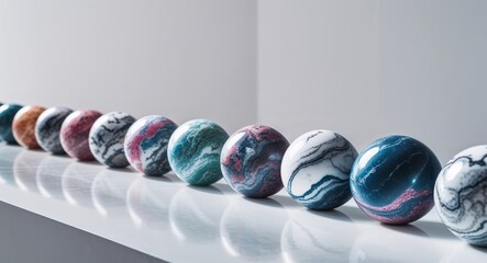 colorful marble sphere balls aligned on white surface