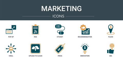 set of 10 outline web marketing icons such as pop up, rss, eticket, recommendation, place, viral, upload to cloud vector icons for report, presentation, diagram, web design, mobile app