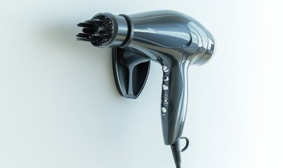 Hair dryer on white wall, ready for bathroom use