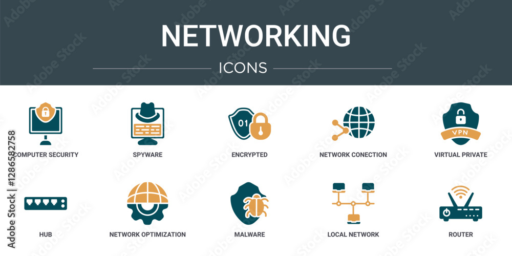 Poster set of 10 outline web networking icons such as computer security, spyware, encrypted, network conect