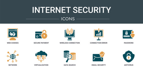 set of 10 outline web internet security icons such as web cookies, secure payment, wireless connection, connection error, password, network, virtualization vector icons for report, presentation,