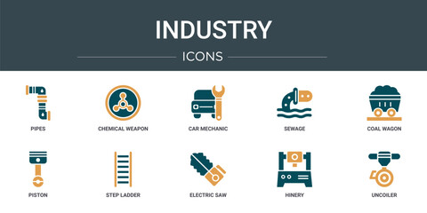 set of 10 outline web industry icons such as pipes, chemical weapon, car mechanic, sewage, coal wagon, piston, step ladder vector icons for report, presentation, diagram, web design, mobile app