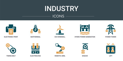 set of 10 outline web industry icons such as electronic print hine, geothermal, eco windmill, hydro power generation, power tower, timing belt, electrolysis vector icons for report, presentation,