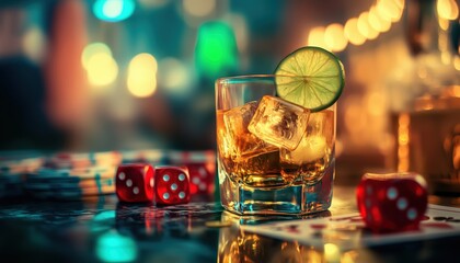 Whiskey Glasses With Lime Wedges, Playing Cards, Red Dice, And Abstract Elements: A Festive Summer Party Scene