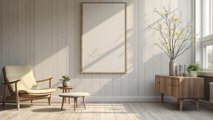 Fototapeta premium Minimalist Interior with Wooden Chair and Decorative Vase