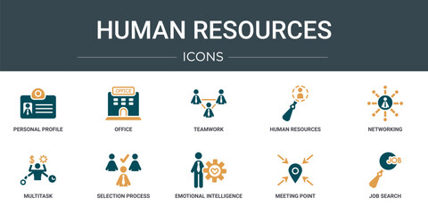 set of 10 outline web human resources icons such as personal profile, office, teamwork, human resources, networking, multitask, selection process vector icons for report, presentation, diagram, web