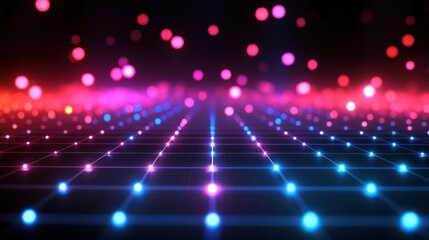 Neon lights create vibrant atmosphere on empty grid floor, with scattered glowing orbs adding depth and color. scene is futuristic and dynamic, evoking sense of digital wonder